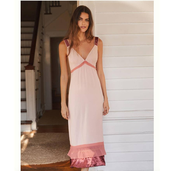 Anthropologie Other - New Anthropologie Velvet-Trimmed Slip Midi Dress SLEEP LOUNGE $130 SMALL Pink